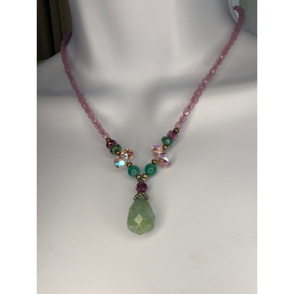 Beaded Pendant Necklace Womens OS Pink Green Teardrop Crystal Stone